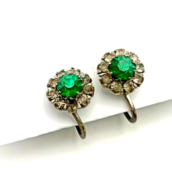 Vintage Earrings Mcm Sterling Silver 925 Green And Clear Rhinestone Screw Back